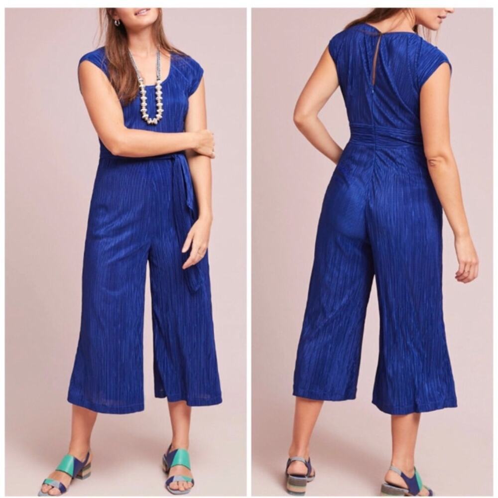 EUC Anthropologie Maeve Sonata Blue Crinkle Shimmer Pantsuit Jumpsuit 4
